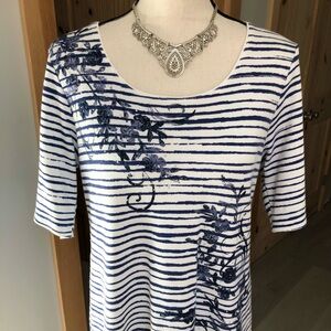 Karen Scott Striped Denim Blue Embellished Floral Top Size Medium